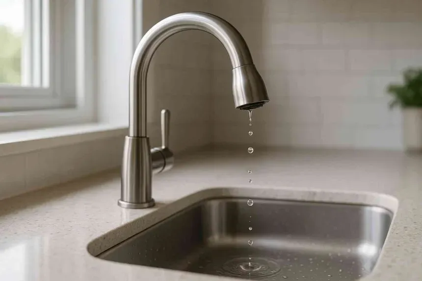 A chrome kitchen faucet dripping steadily into a stainless steel sink
