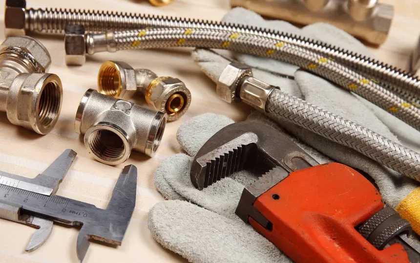 Brass fittings, braided supply lines, a pipe wrench, calipers, and work gloves laid out on a bench